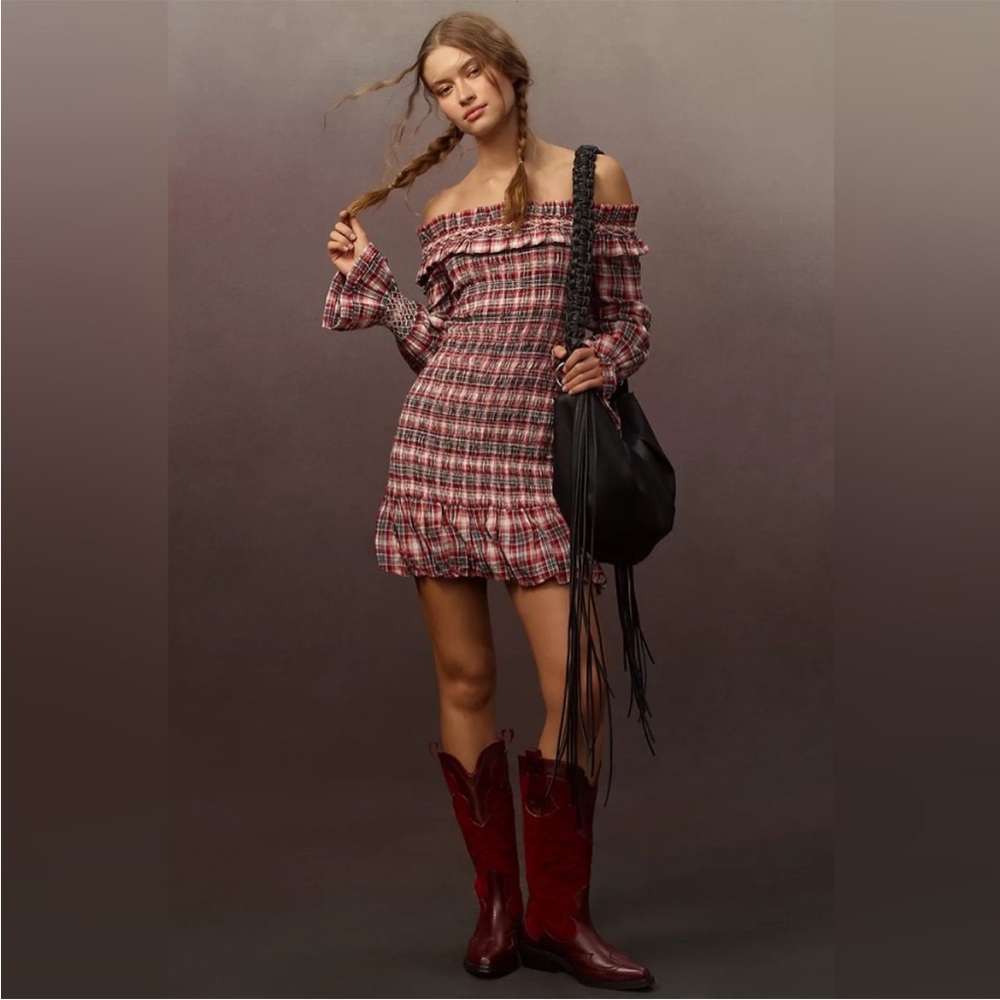 NWT PILCRO From Anthropology Plaid Off-Shoulder Smocked Dress Size XS